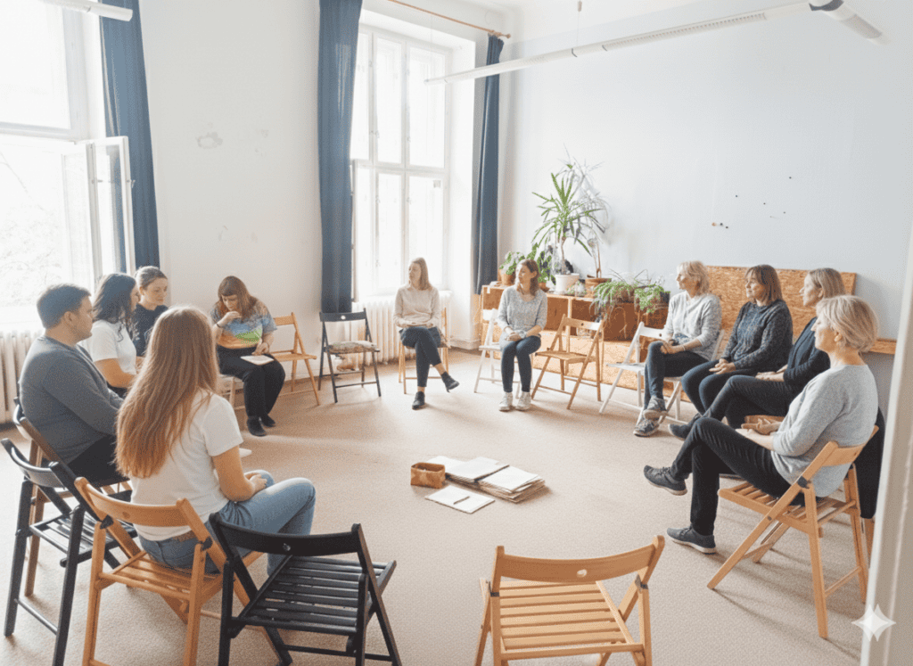 Skupinový seminář rodinných a systemických konstelací pod vedením Michala Hajdučka – účastníci v kruhu
